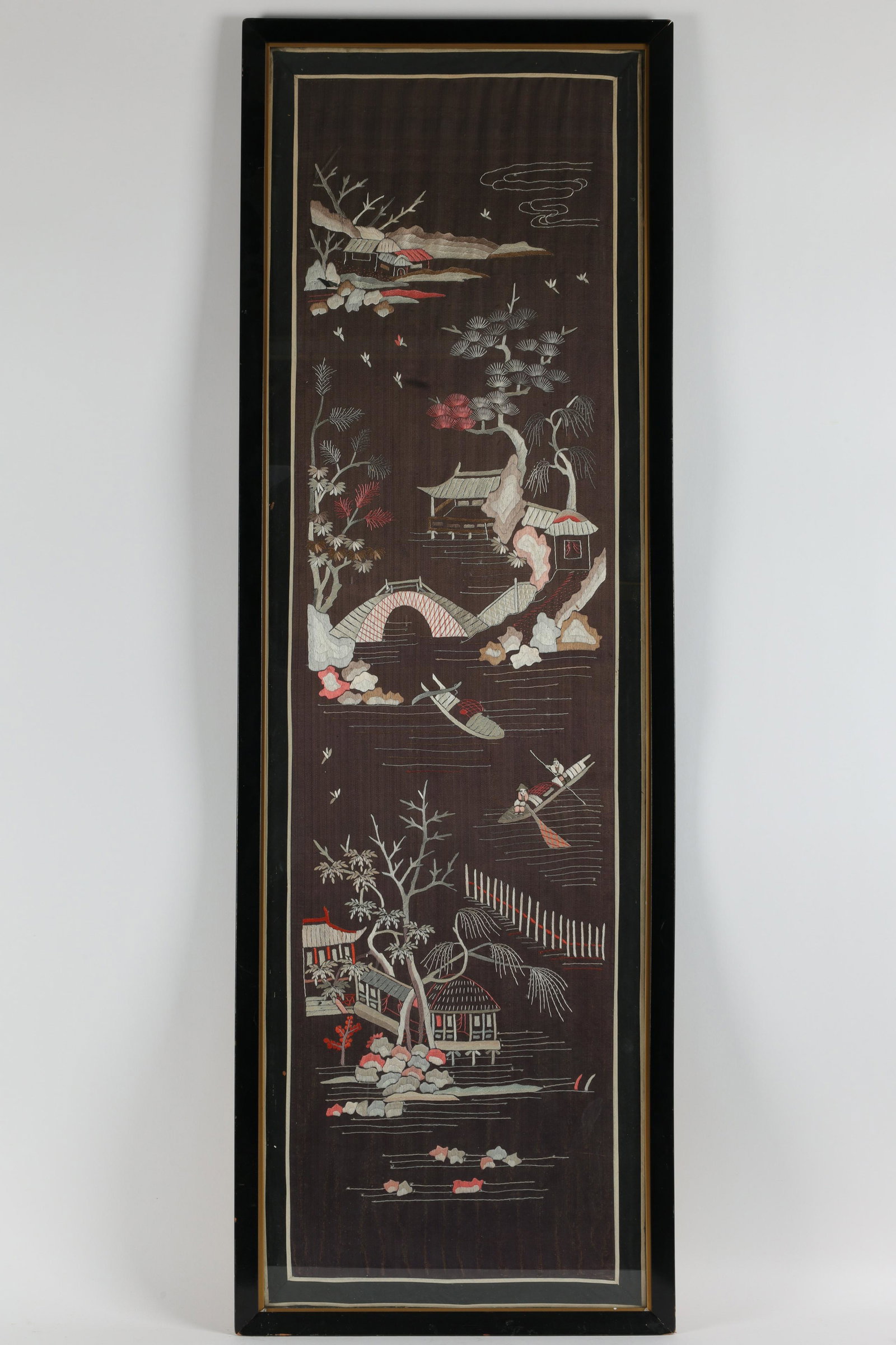 Old Chinese Silk Embroidery / Country Scenes: Old Chinese Silk Embroidery / Country Scenes. Frame measures 53.5 inches H x 14.75 W.