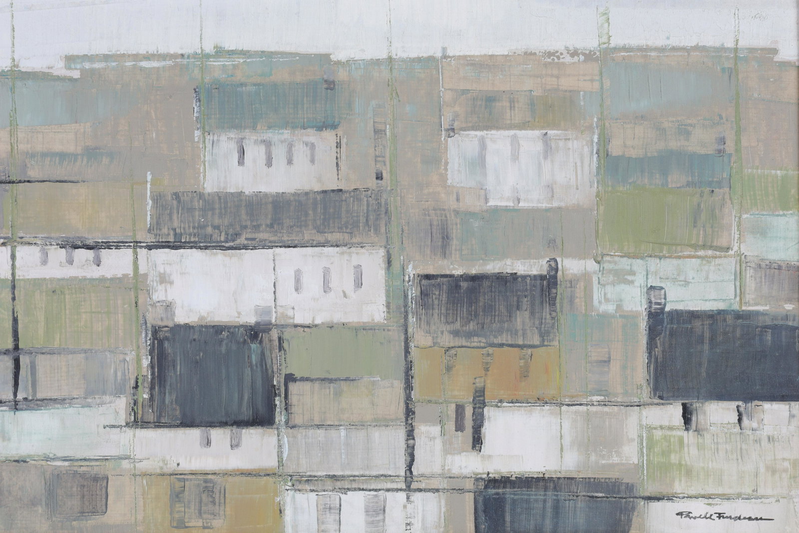 Powell Trudeau Oil on Board, Abstract Landscape: Powell Trudeau (1910-1984) Oil on Masonite Board, Abstract Houses in Landscape. Signed lower right. Board measures 10.75 inches H x 16 W. Framed, measures 13 x 18.5 inches.