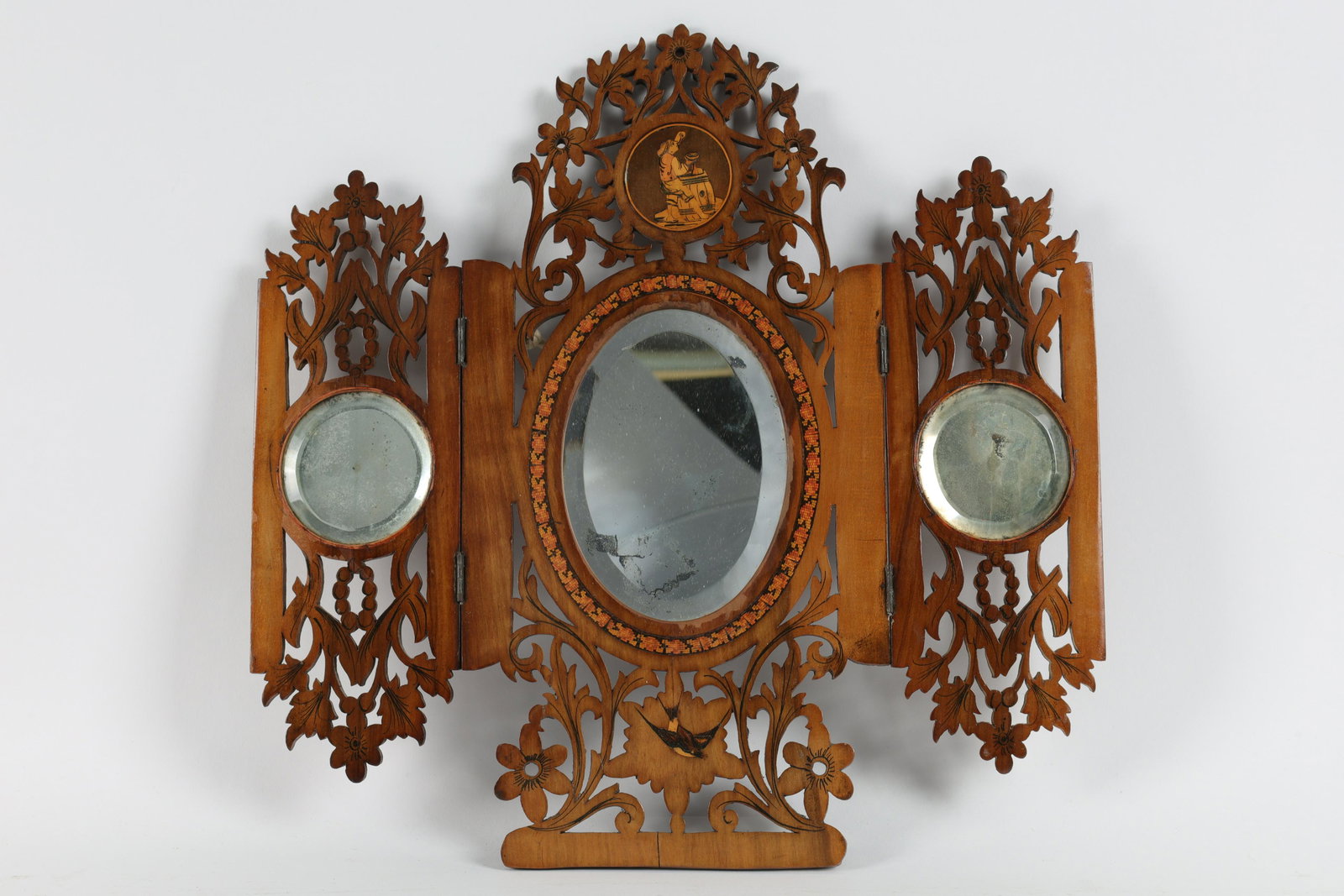 Antique Scroll Saw Fretwork Tunbridge Mirror: Antique Scroll Saw Fretwork Tunbridge Triptych Bevelled Mirror with Marquetry Medallions. Fully extended measures 14.5 x 14.5 inches.