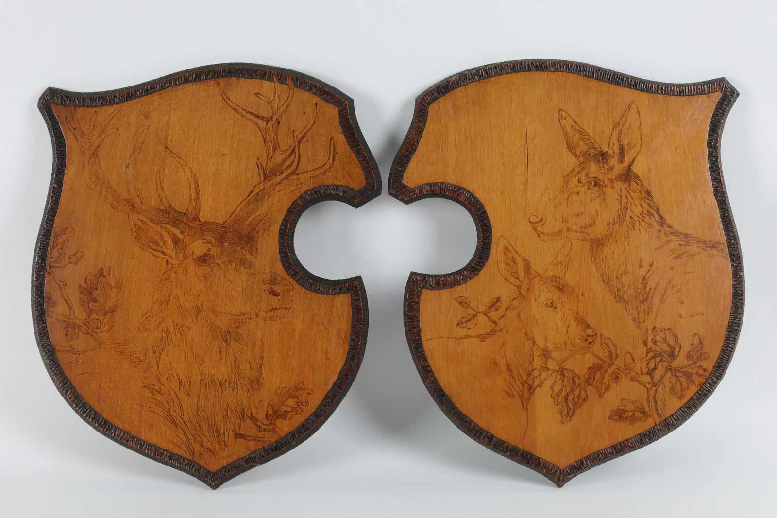 Pair Flemish Art Pyrography Deer Shield Plaques (1 of 6)