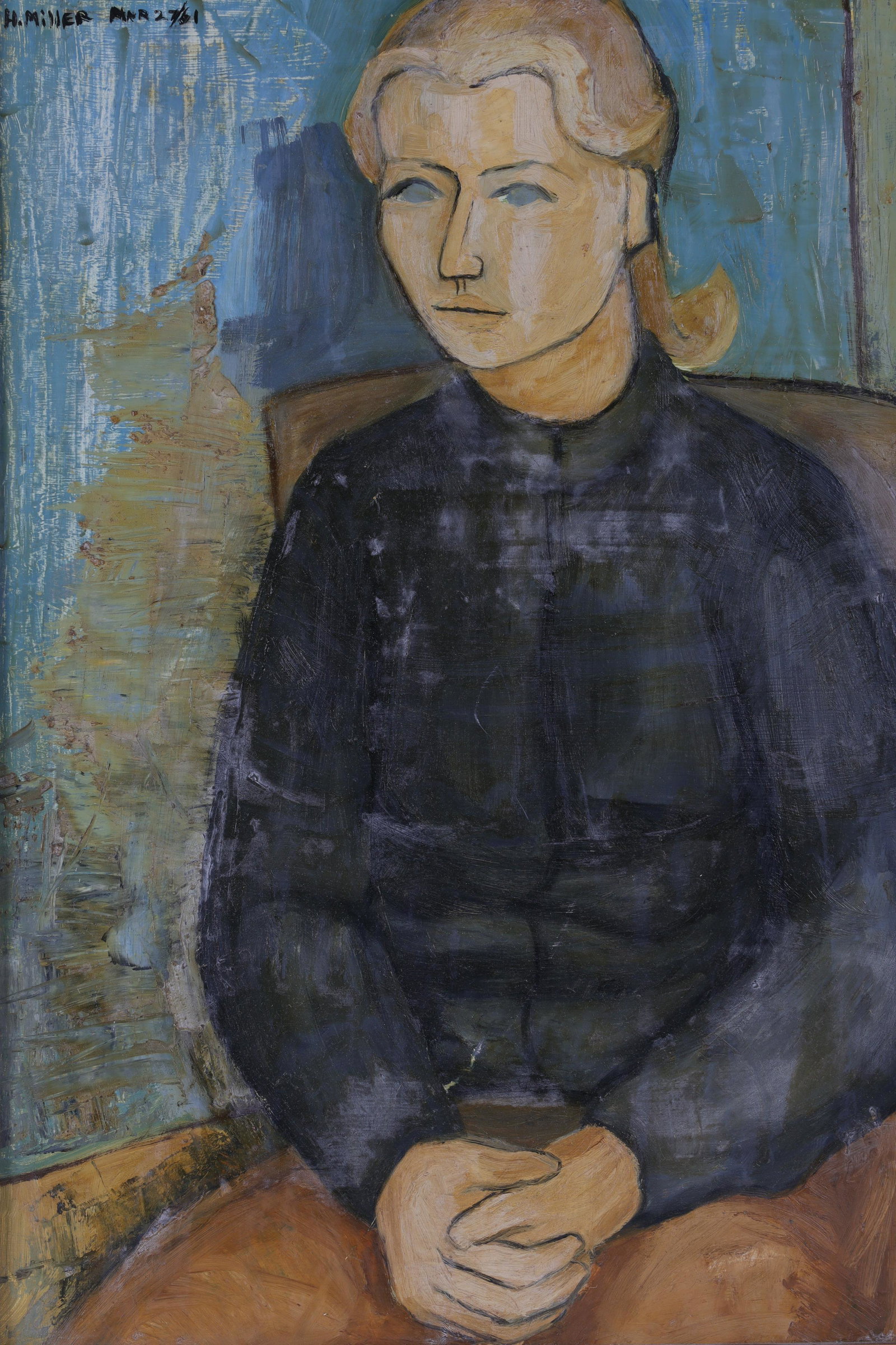 Mid Century Oil Painting Portrait Signed H. Miller: Mid Century Surreal Modernist Oil Painting on Masonite Portrait Signed H. Miller and Dated March 27, 1961 in upper left corner. Masonite board measures 25 inches H x 18 W, frame measures 31 x 23 inche