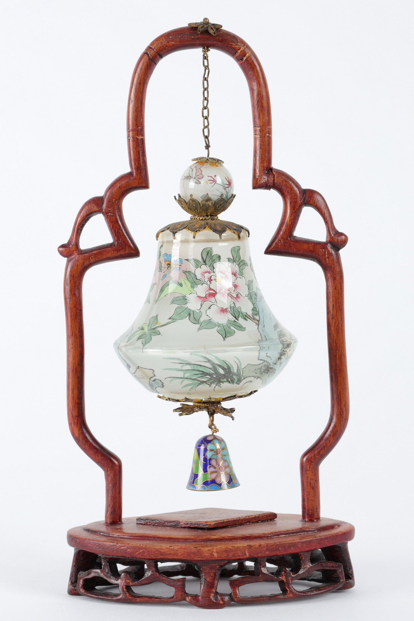 Chinese Reverse Painted Glass Bell on Stand: Chinese Reverse Painted Glass Bell on Stand. Measures 7.5 H x 4 W x 2 inches deep.