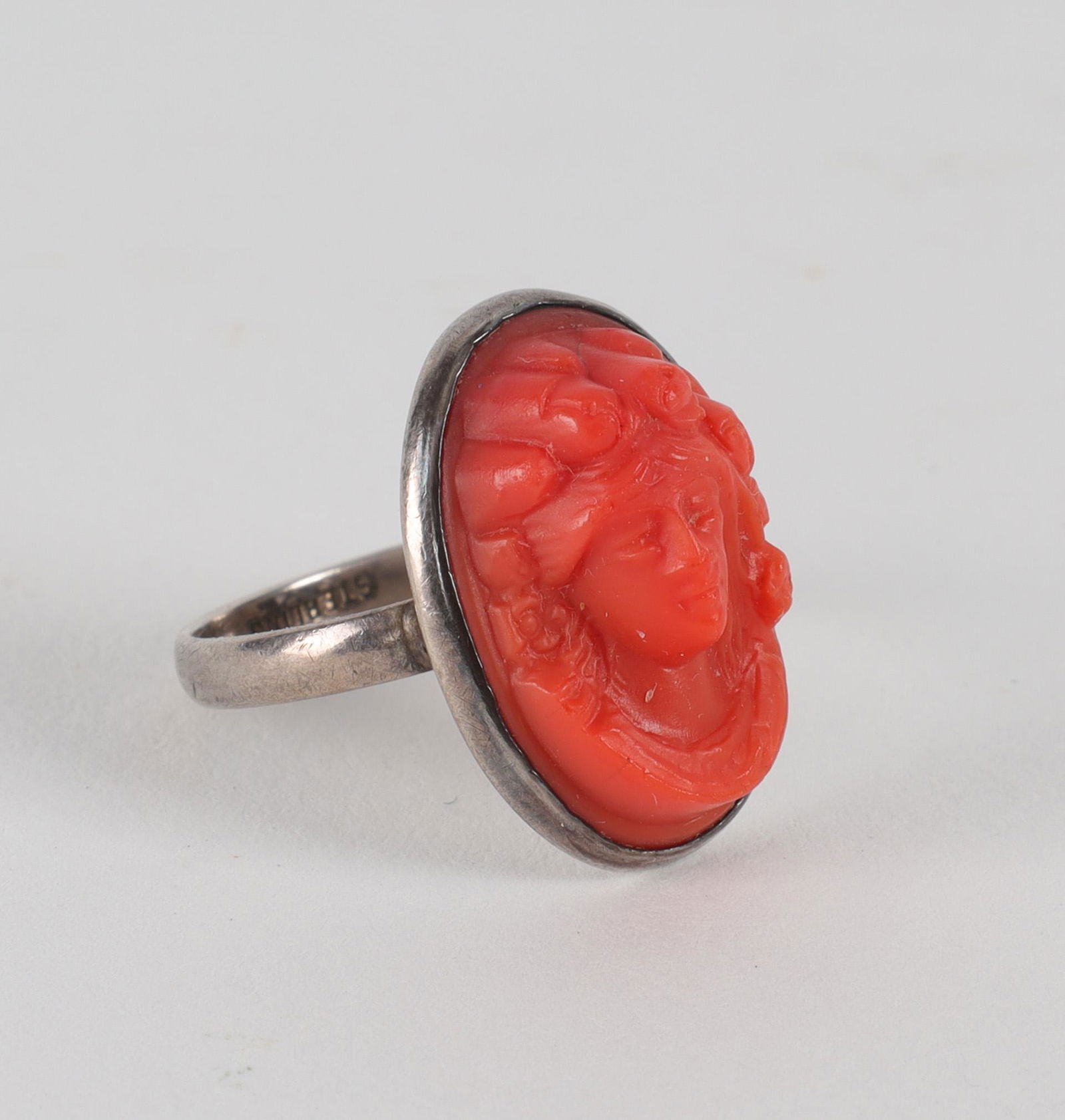 Small Sterling Silver and Carved Coral Cameo Ring (1 of 7)