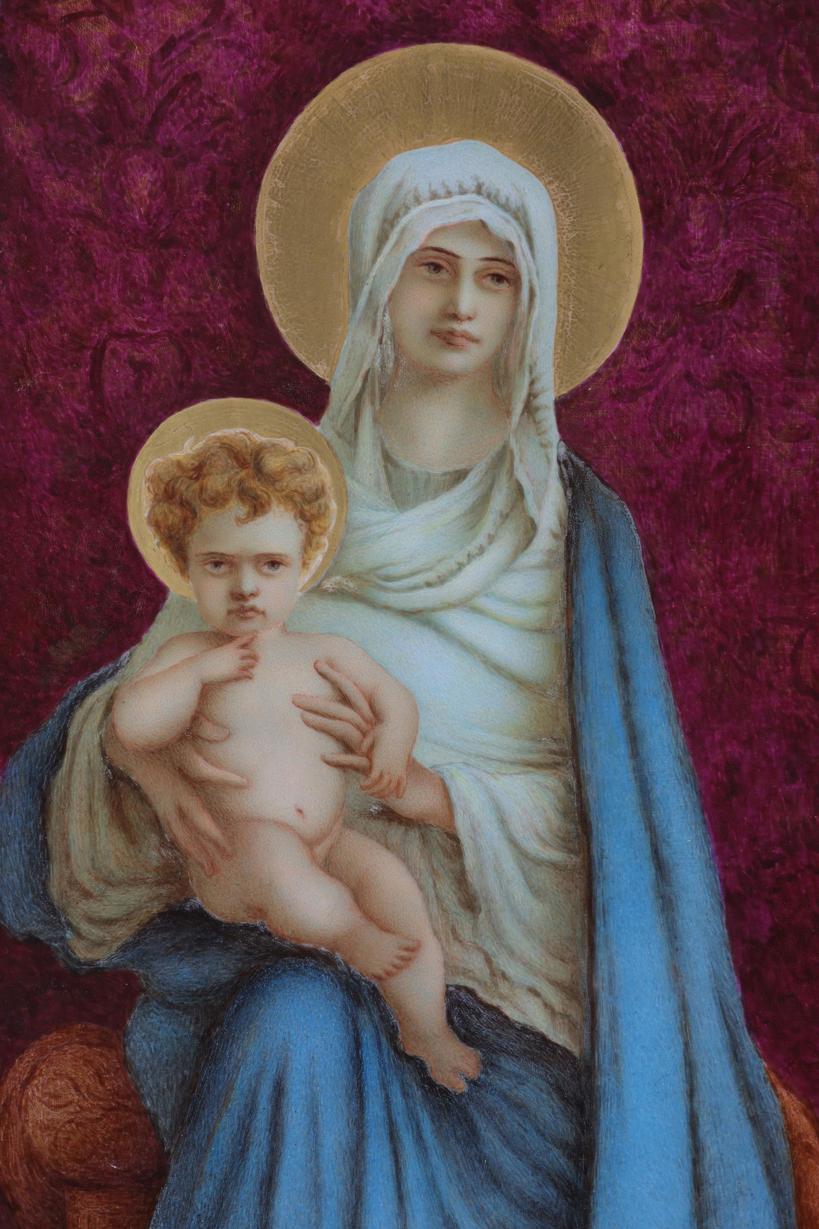 Victorian Copeland Painted Tile Madonna And Child: Victorian Copeland Painted Porcelain Plaque Tile Depicting Madonna And Child, C. 1880. Measures 14.5 x 8.5 inches W.