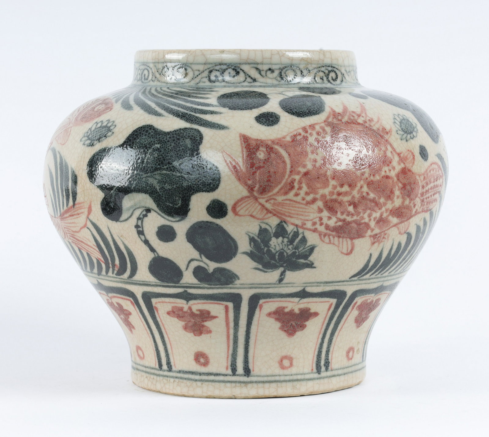 Antique Chinese or Vietnamese Fish Jar: Antique Chinese / Vietnamese Fish Jar. Decorated in Red and Black Depictions of Fish and Aquatic Foliage. Measures 9 inches H x 9 W.