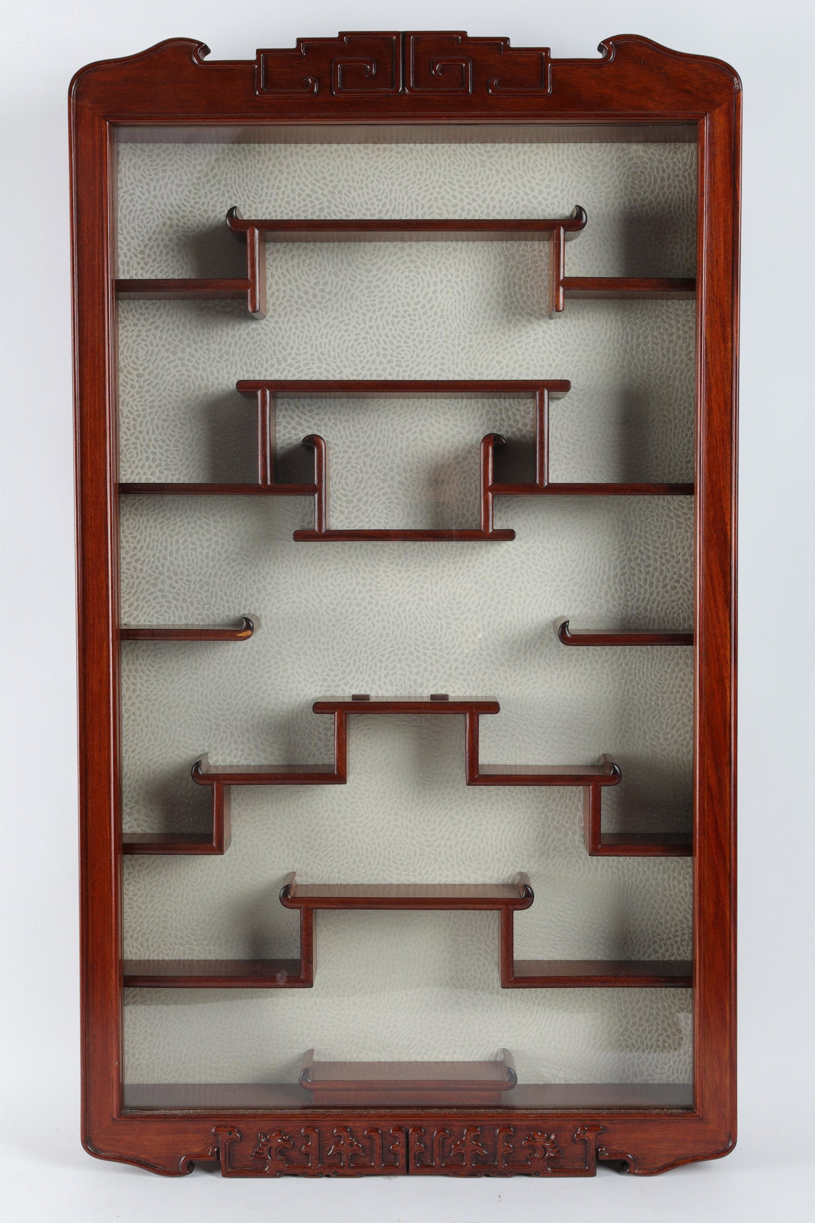 Vintage Chinese Rosewood Curio Netsuke Cabinet: Vintage Chinese Rosewood Curio Netsuke Cabinet. Measures 19 W x 33 H x 3 inches deep.