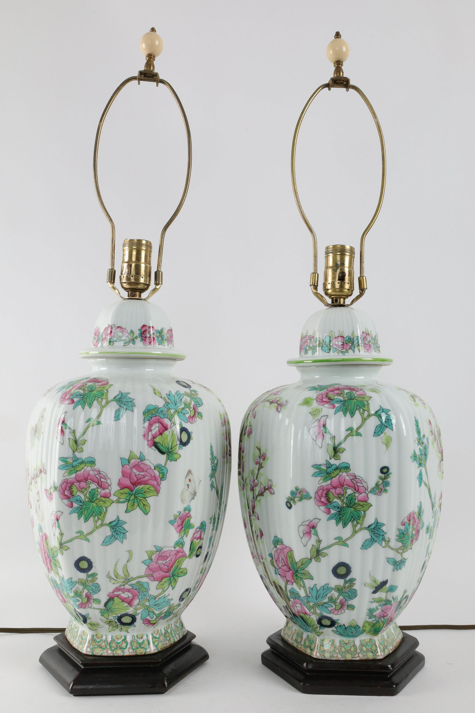 Pair Antique Limoges Porcelain Chinoiserie Lamps: Pair Antique Limoges Porcelain Chinoiserie Lamps. 17 Inches H, 27 inches H including harps.