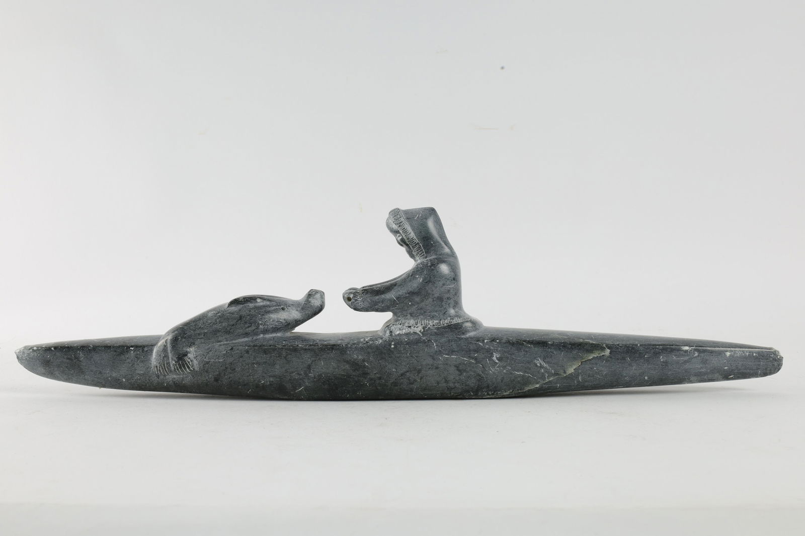 Signed Inuit Carved Soapstone Seal Hunter Kayak (1 of 8)