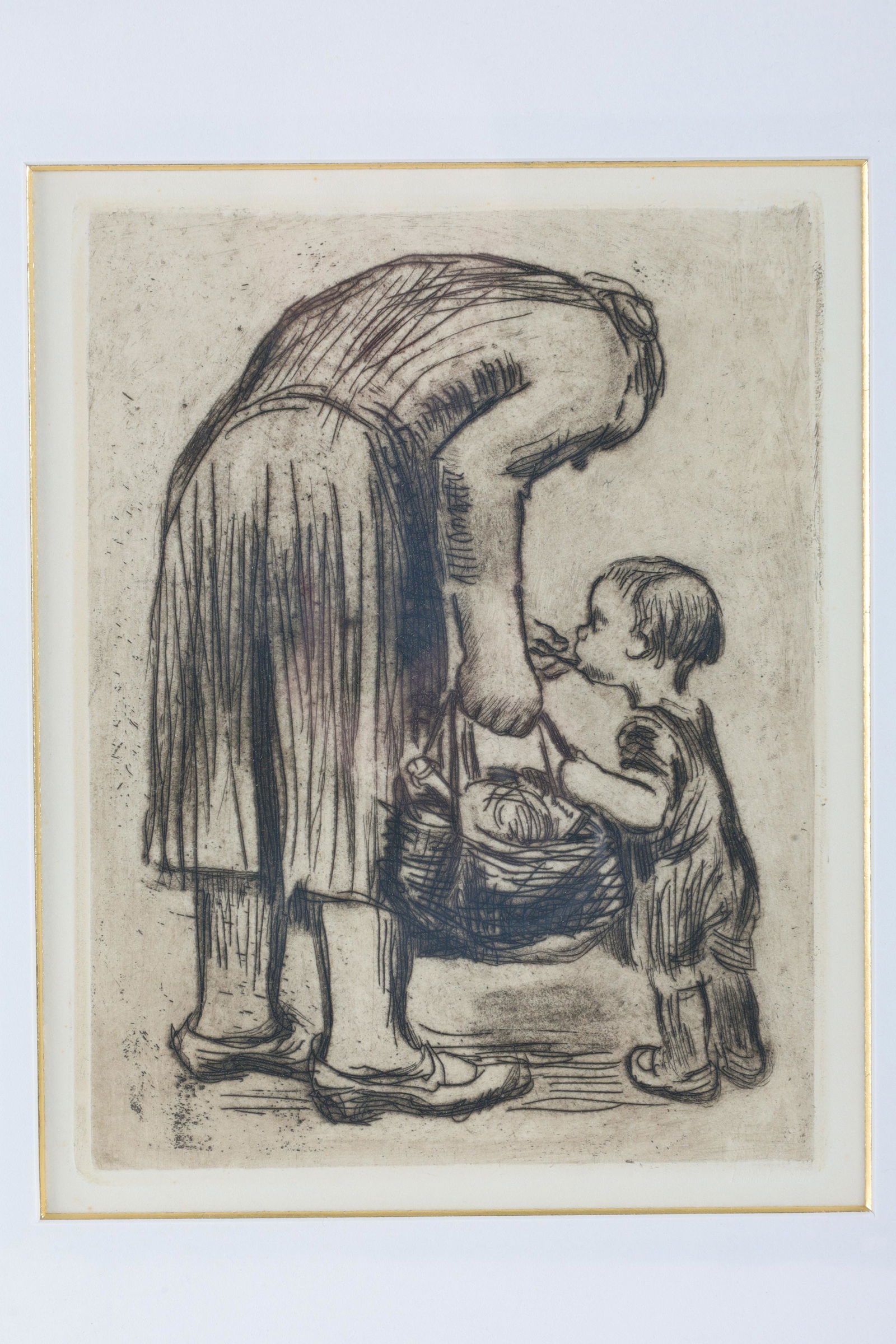 Kathe Kollwitz Mother with Child 1910 Engraving: Kathe Kollwitz (1867 - 1945), German, engraving entitled Mother with Child, from drawing originally done in 1910. This edition issued posthumously by A.v.d.Becke Berlin-Halensee, impressed mark in low