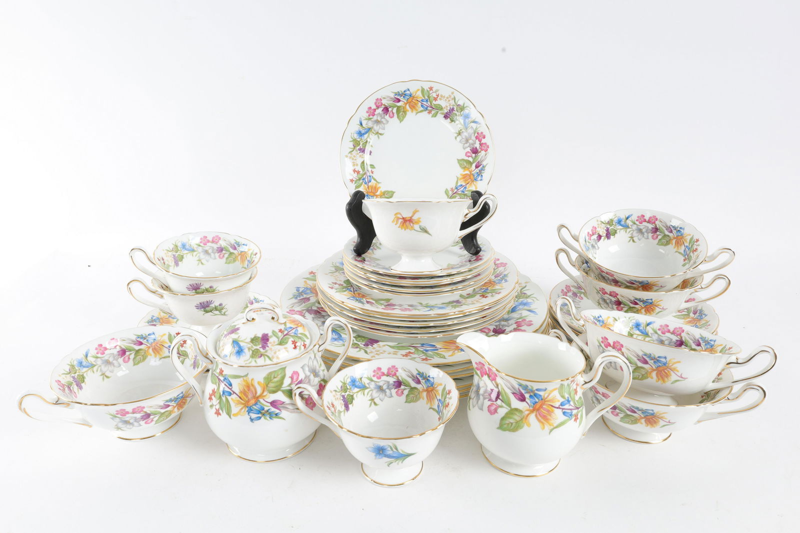 Shelley England Bone China Dishes Spring Bouquet: 37 Pcs Shelley England Bone China Dishes Spring Bouquet Pattern. 6 dinner plates; 5 luncheon plates; 6 side plates; 5 bouillon cups and saucers; 4 teacups and saucers; one creamer and one covered suga