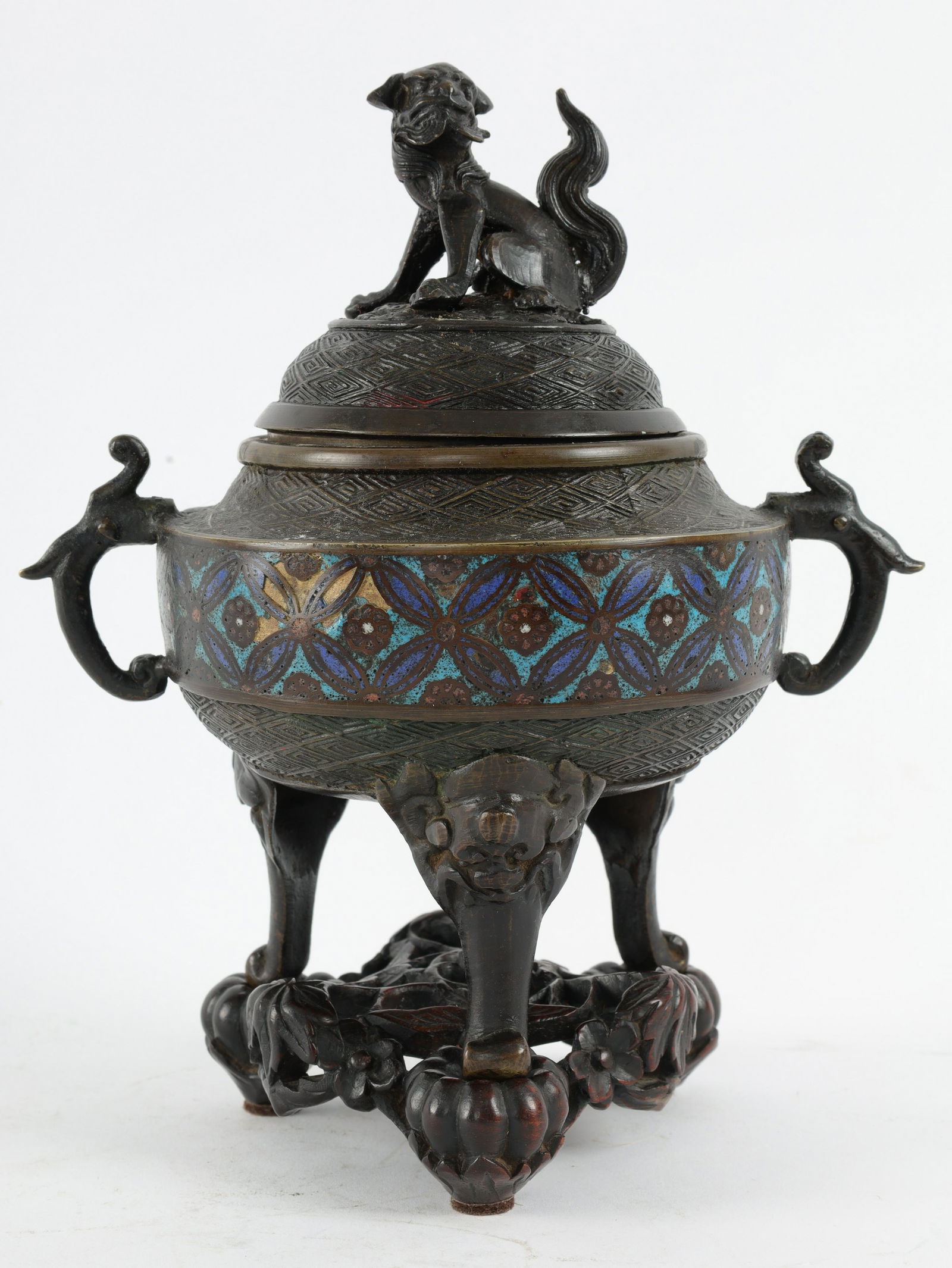 Japanese 3 Piece Bronze Champleve Incense Burner (1 of 8)