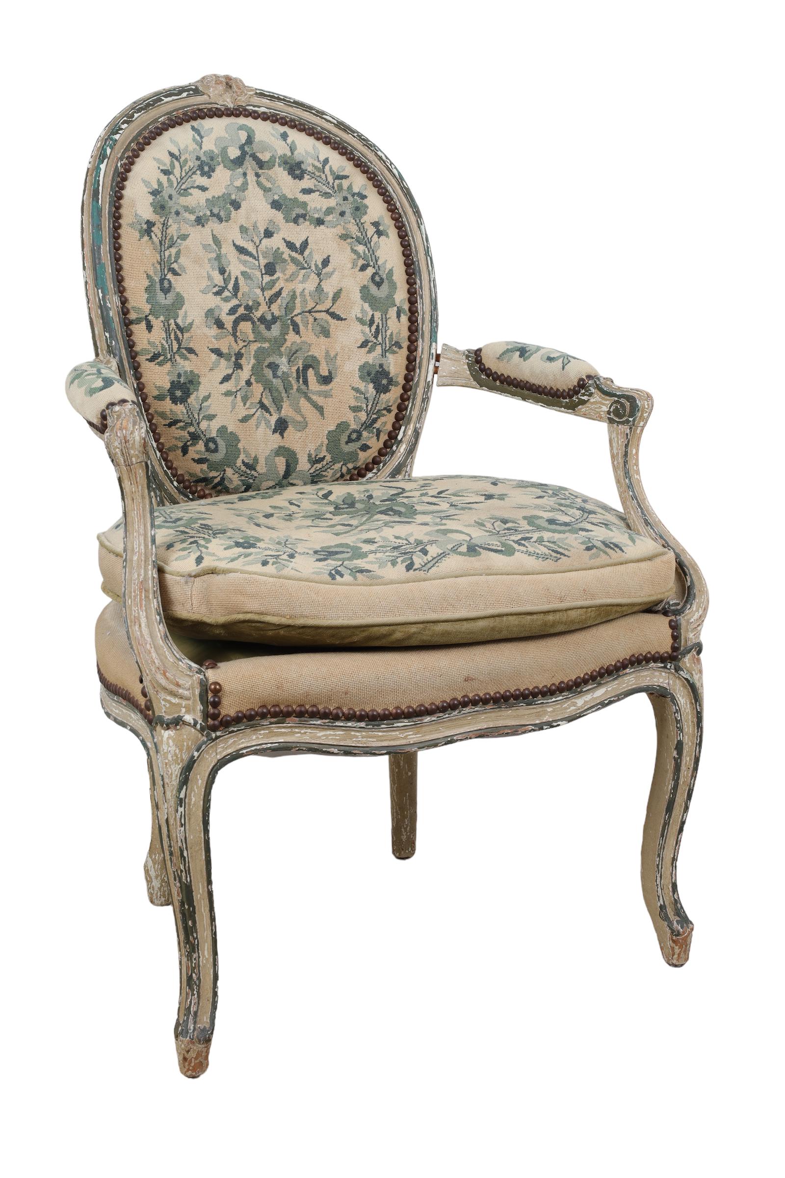 Antique French Louis XVI Style Armchair / Fauteuil: Antique Louis XVI Style Armchair or Fauteuil. Measures 35 inches H x 24 x 24. Provenance: From the Collection of Marie-Claude Groenendaal-Ruf