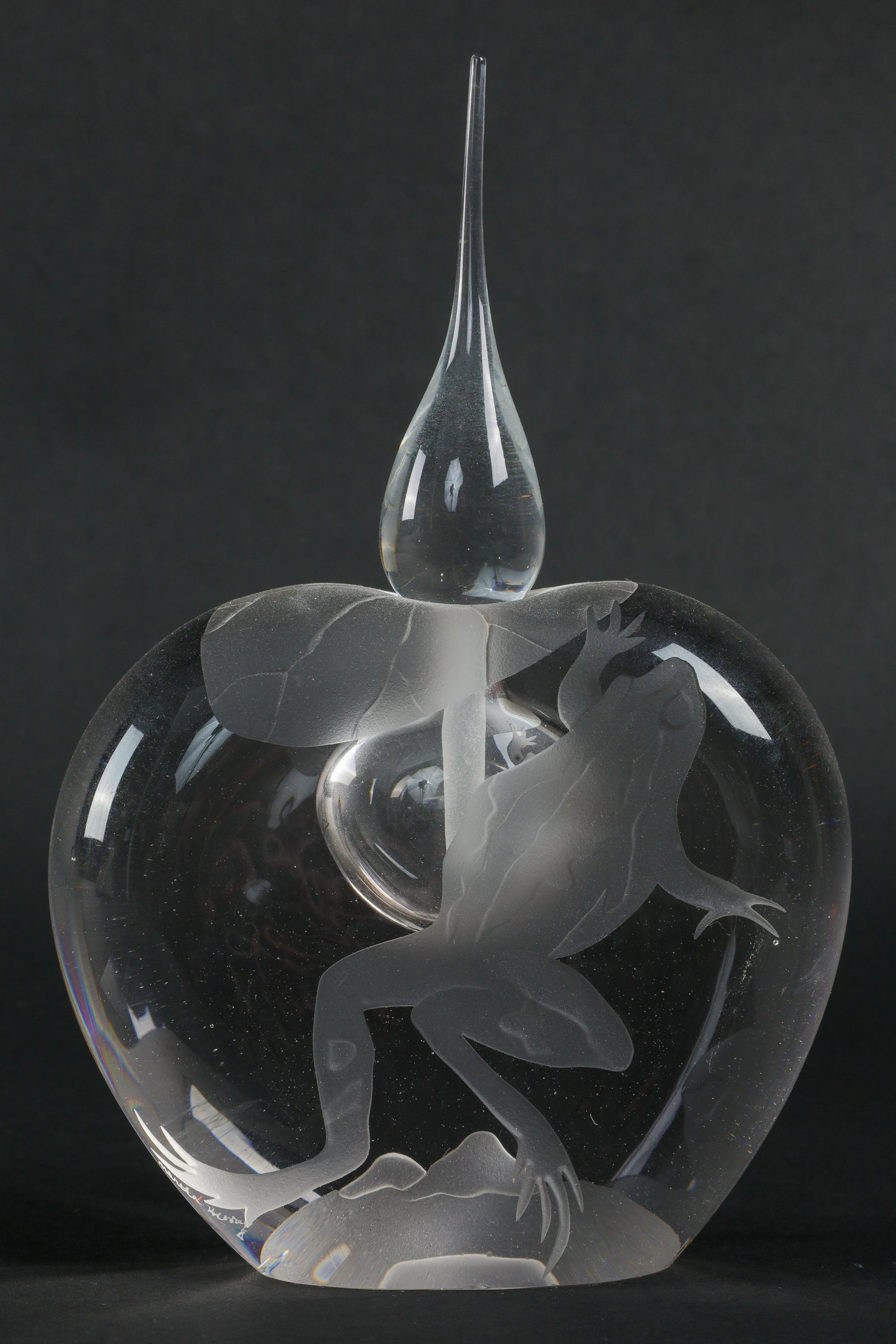 Crystal Perfume Bottle Etched Frog and Lily Pad: Crystal Perfume Bottle Etched Frog and Lily Pad. 7 inches H.