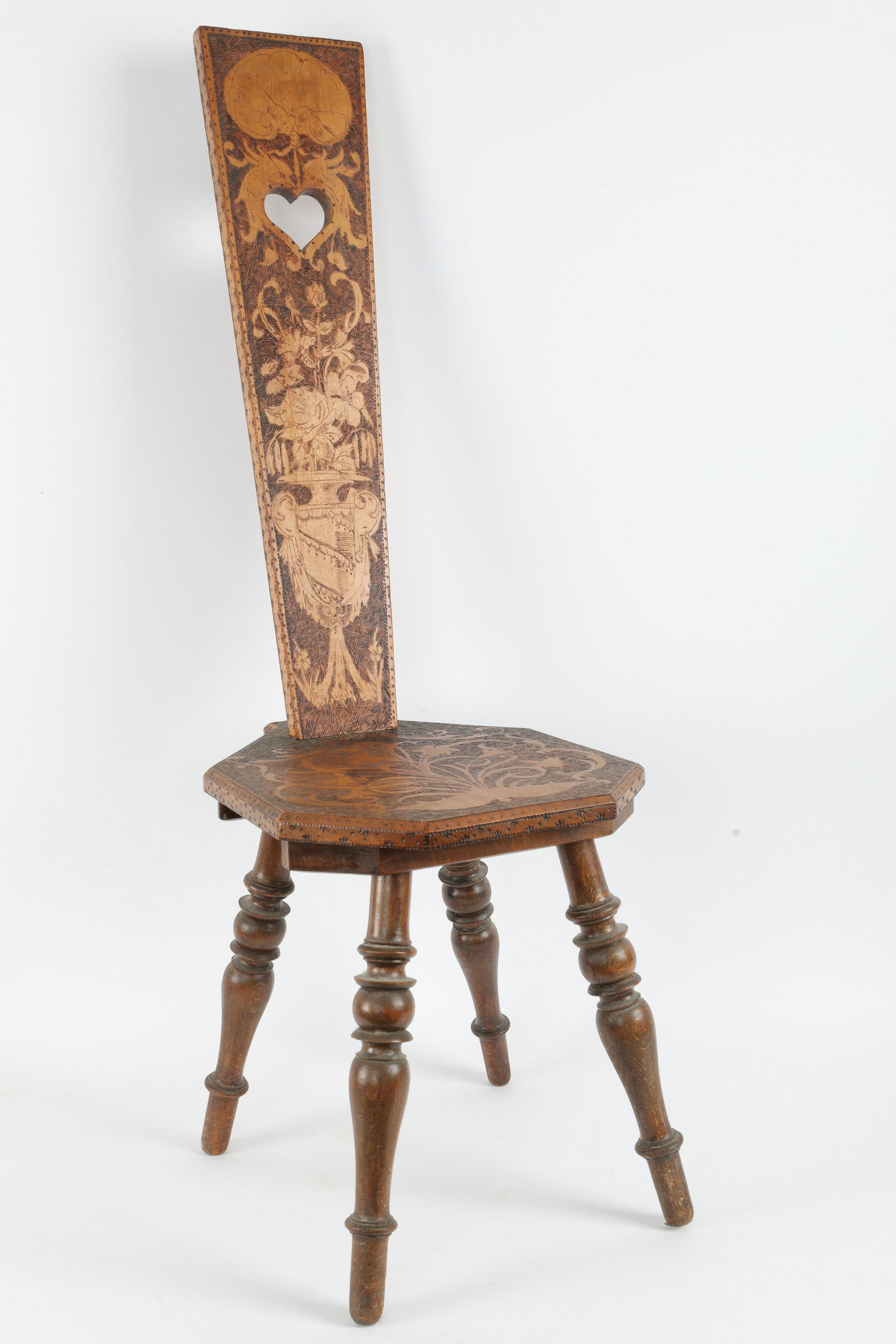 Antique English Pyrography Hall Chair: Antique English Pyrography Hall Chair. 37.5 H x 16 inches deep.