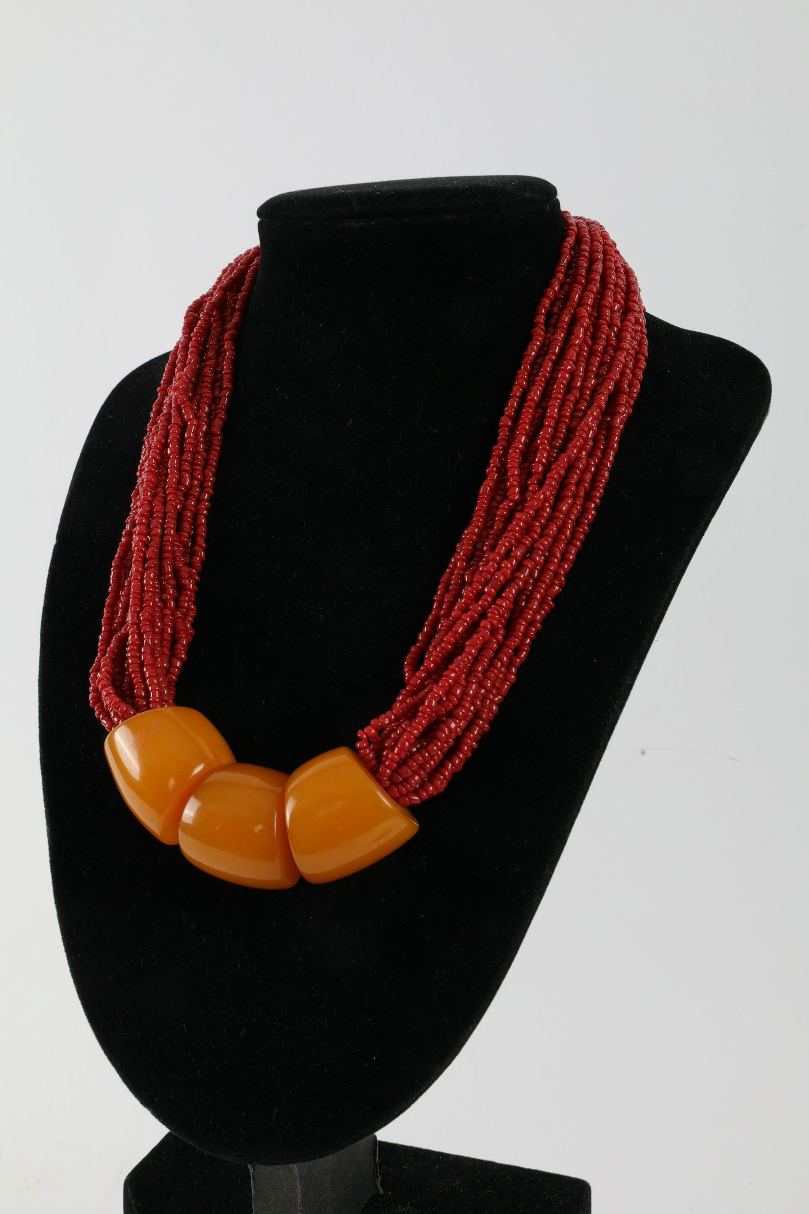 Vintage Multi Strand Coral Necklace Bakelite Beads: Vintage Multi Strand Coral Necklace with Bakelite Beads. 21 inches L.