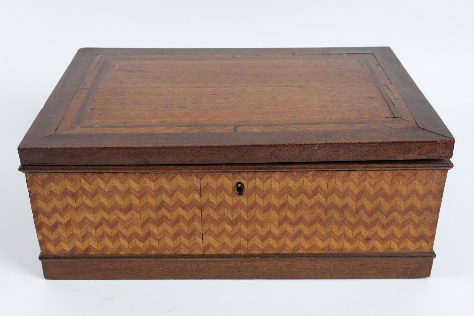 Antique Parquetry Chevron Inlay Wood Lidded Box (1 of 6)