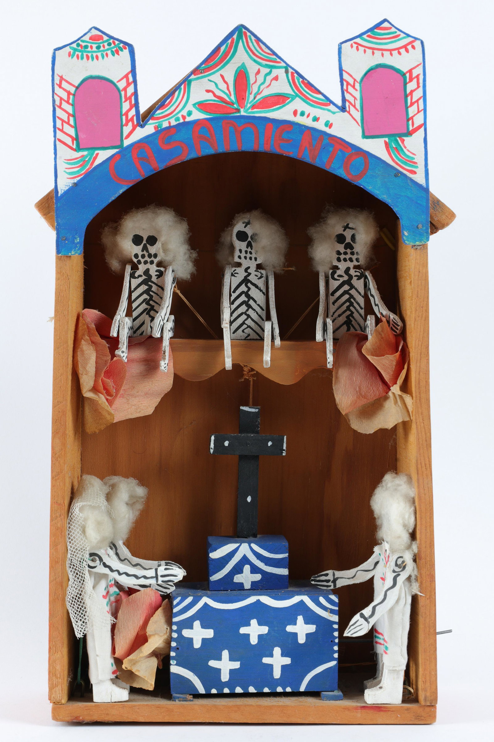 Mexican Folk Art Day of the Dead Skeleton Diorama: Mexican Folk Art Day of the Dead Skeleton Puppets Diorama. 18 inches H x 10.5 W x 4.5 deep.
