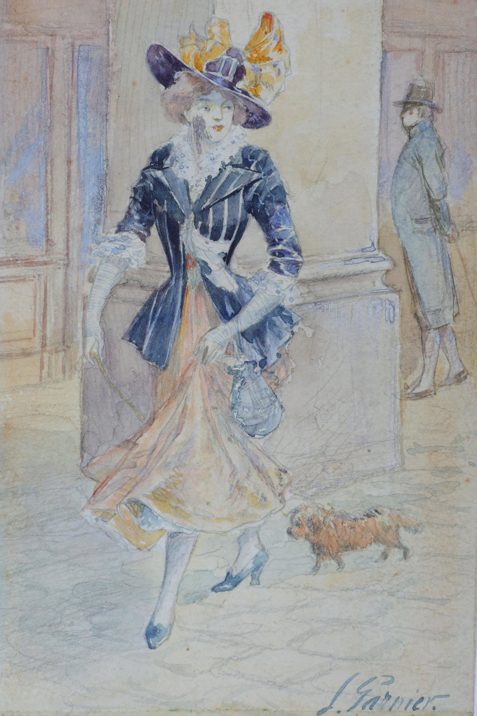 19th C French J. Garnier Watercolor Postcard: Antique 19th C French J. Garnier Watercolor Postcard of A Lady Walking her Dog. 5.5 inches H x 3.5 W. Marked on verso France Cte. B. Tyszkiewicz, Paris 2 Rue Boccador.