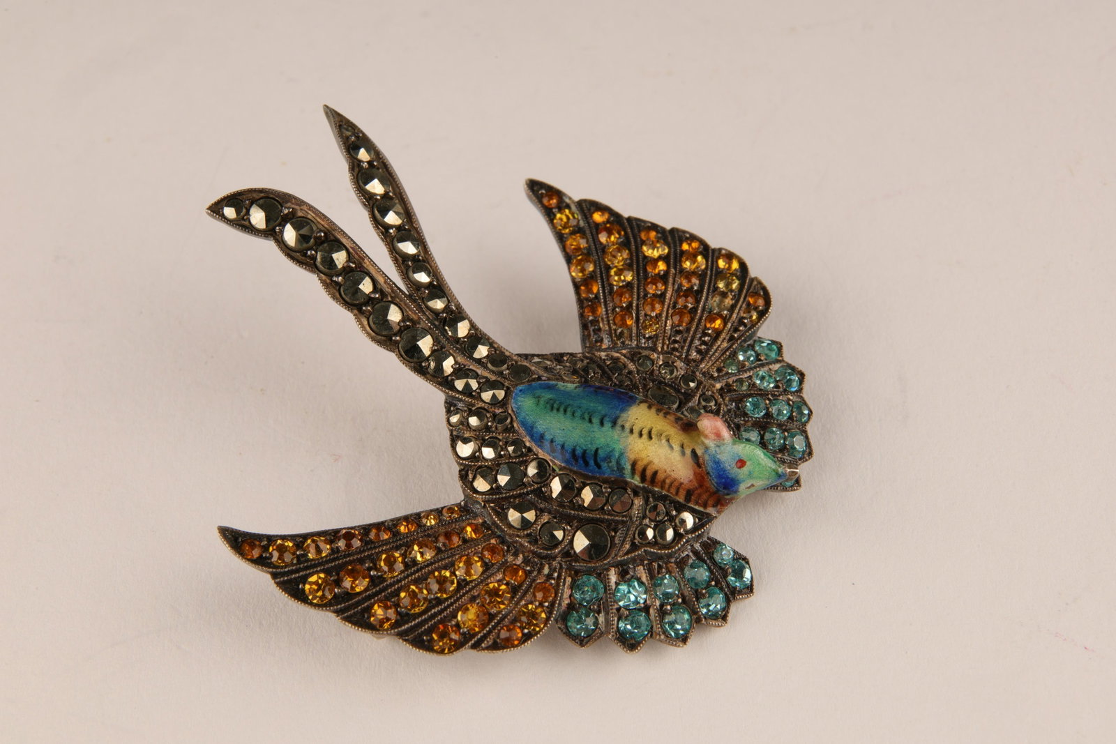 Antique Sterling Rhinestone Enamel Bird Brooch: Antique Sterling Silver Marcasite Rhinestone Enamel Bird Brooch. Marked Sterling on verso. 1.5 inches H x 1.75 W.