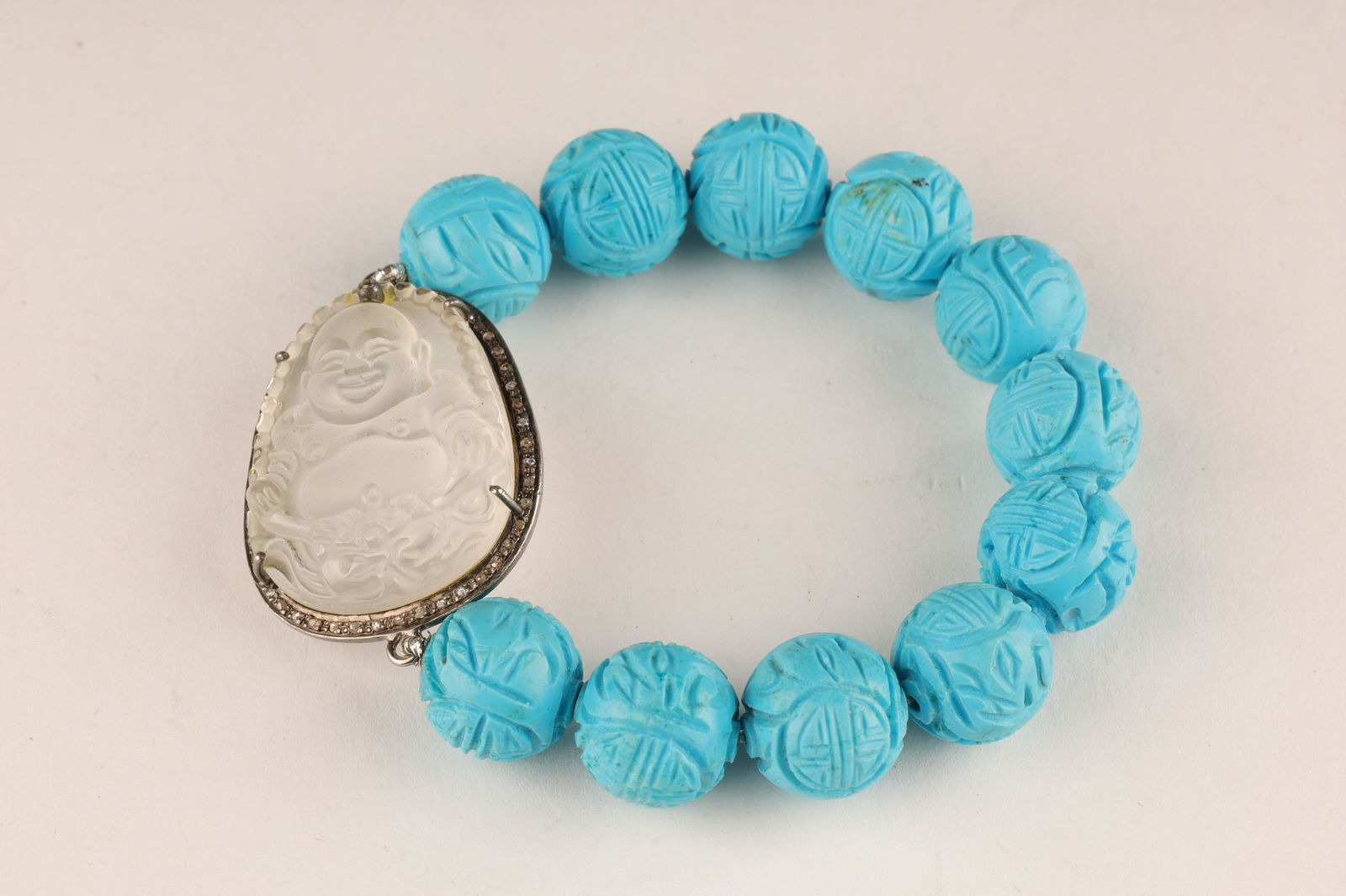 Carved Turquoise Beaded Bracelet Crystal Buddha (1 of 5)
