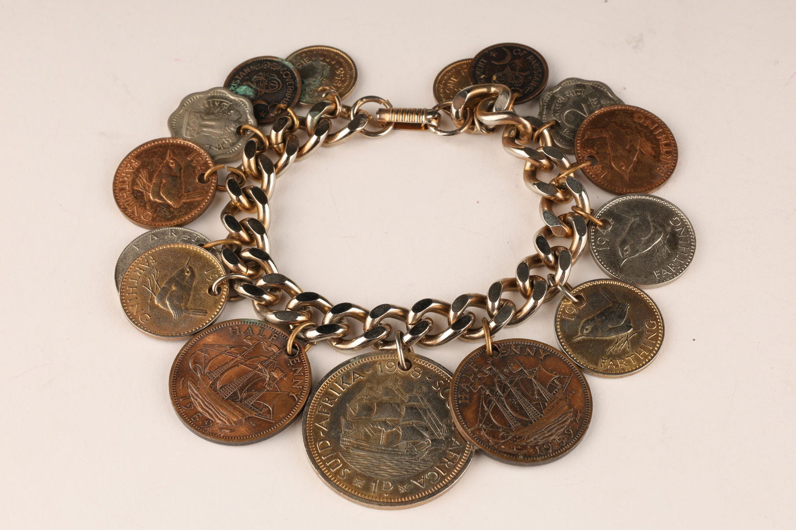 Vintage Foreign Coin Charm Bracelet 1940s-1960s (1 of 9)