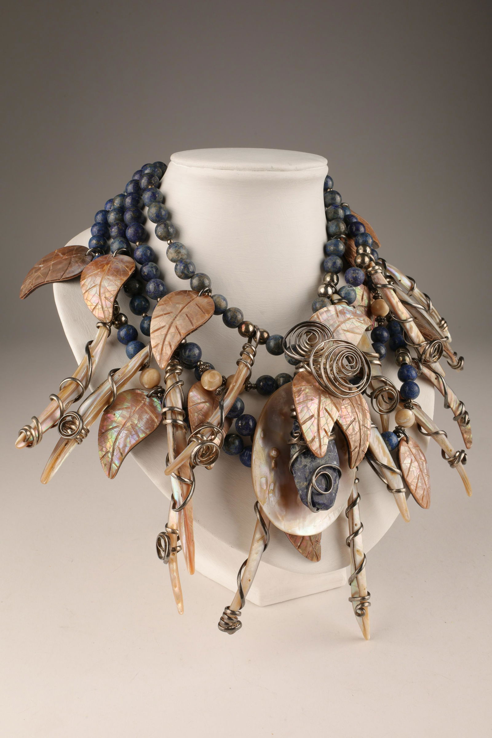 Sterling Blue Stone Shell Statement Bib Necklace (1 of 6)