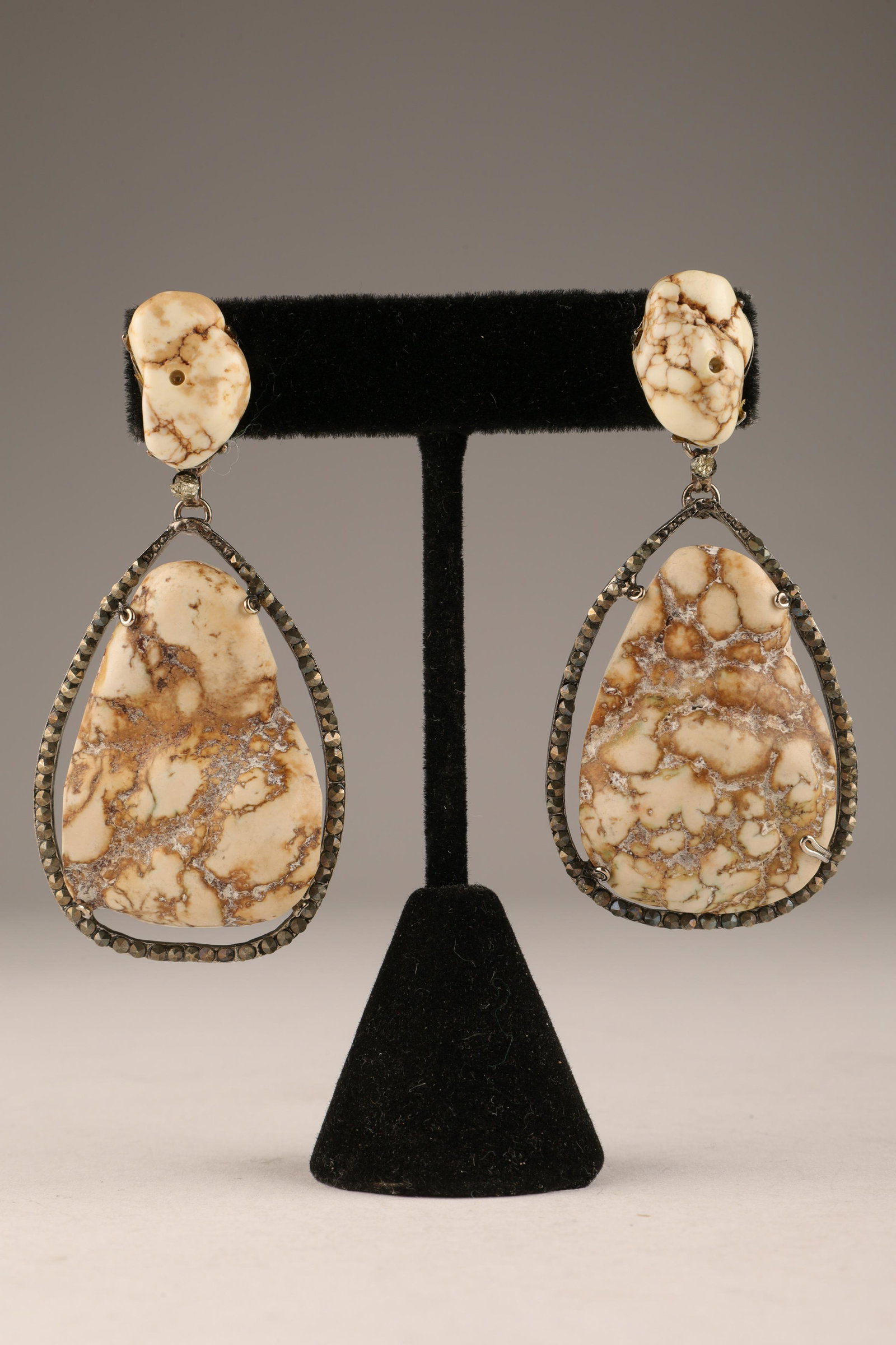 Siman Tu Marcasite and White Stone Drop Earrings: Siman Tu Marcasite and White Stone Drop Earrings. 2.5 inches L. Marked on verso, Siman Tu