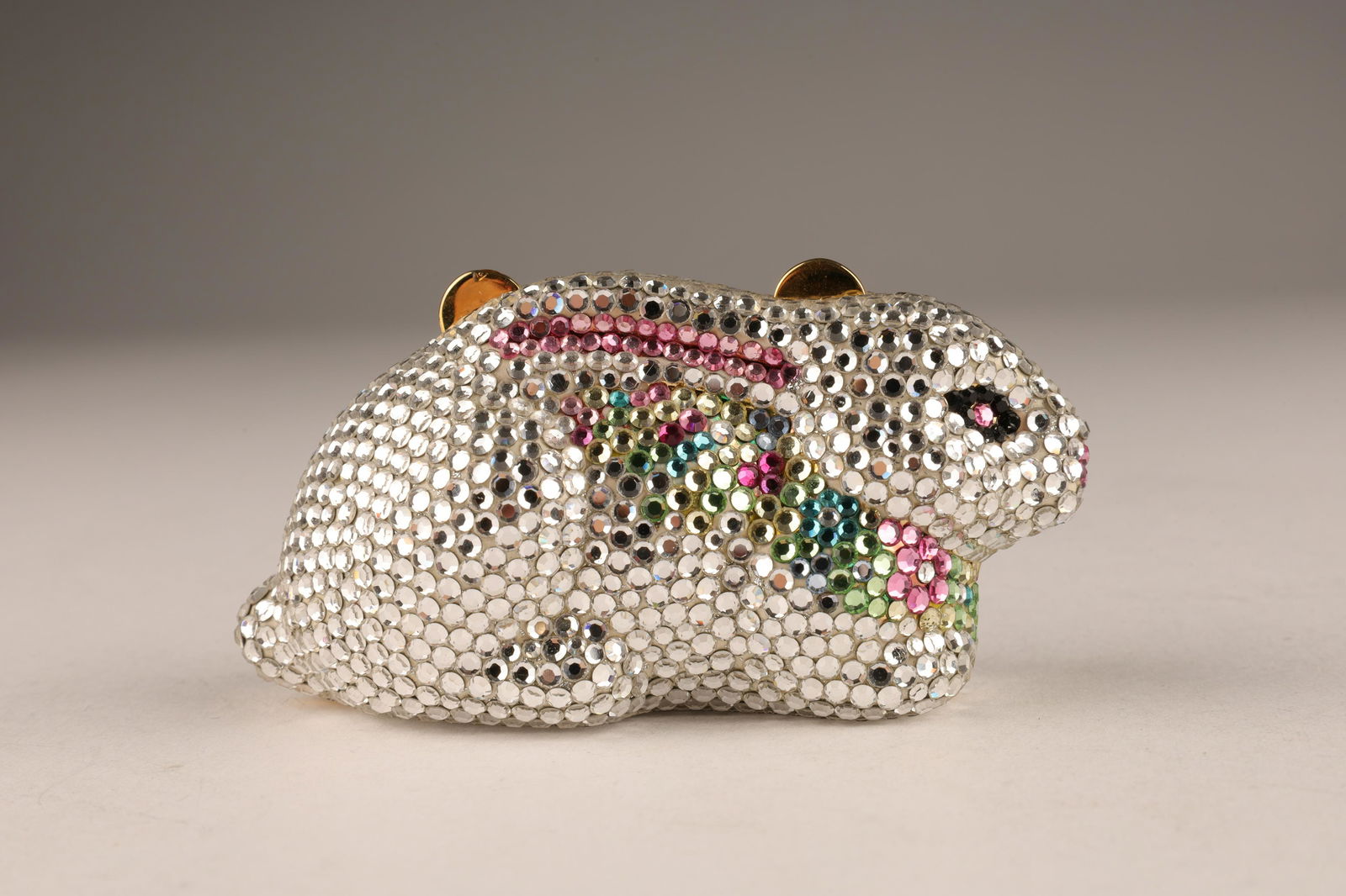 Kathrine Baumann Beverly Hills Pave Bunny Pill Box: Kathrine Baumann Beverly Hills Pave Bunny Minaudiere / Pill Box. Covered in Swarovski crystals, no loss. Leather interior in good shape with original tag. Measures 3 inches L x 1.5 H x 1.5 W.