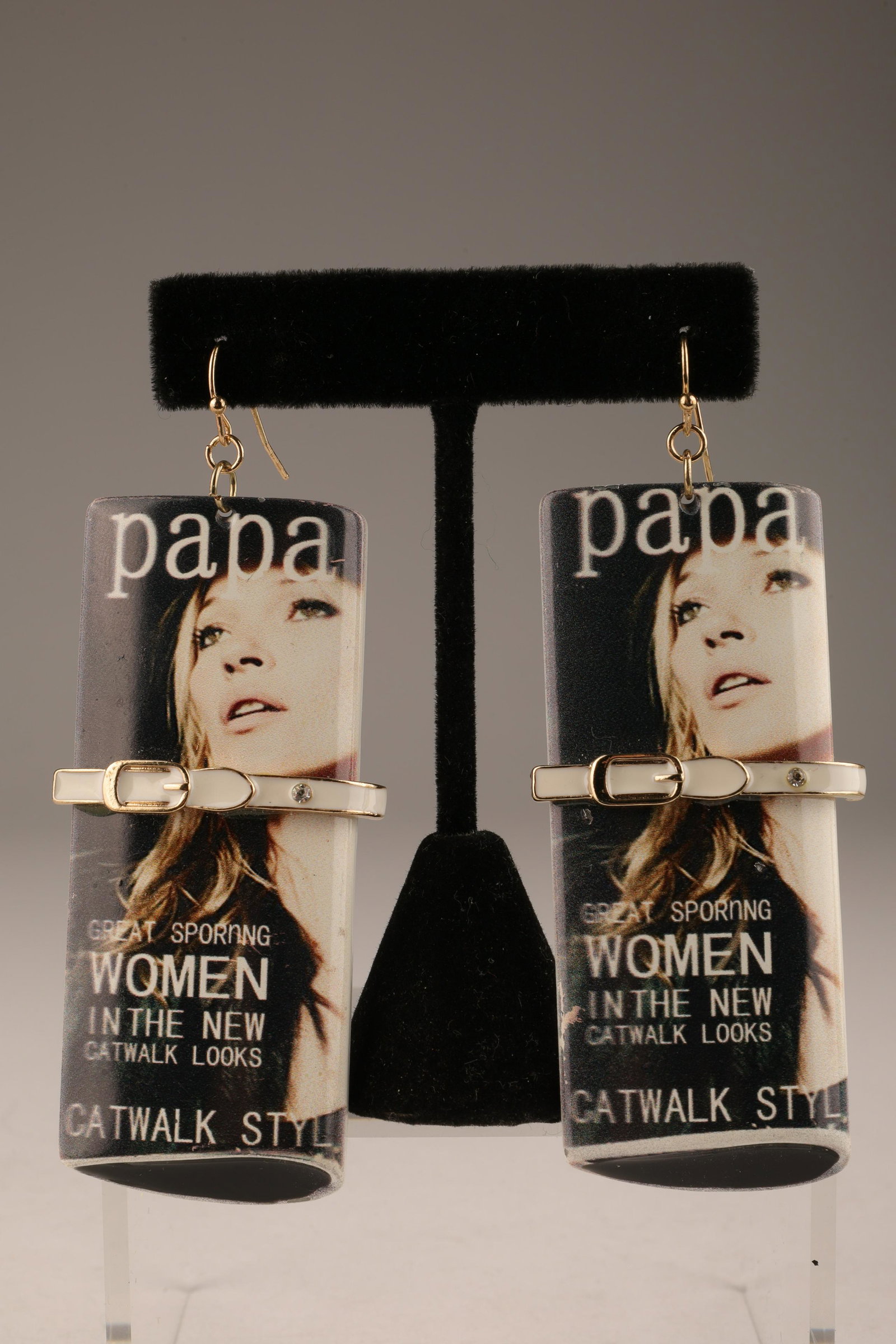 Kate Moss Enamel Belted Papa Magazine Earrings: Kate Moss Enamel Belted Papa Magazine Earrings. 3 inches H x 1.25 W.