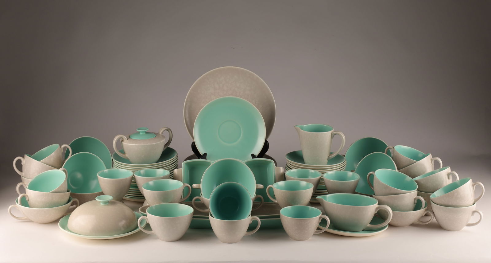 Vintage Poole Pottery England Dish Set 87 Pieces: Large Set Vintage Poole Pottery England Dish Set 87 pcs. Small chip to two tea cups and minor wear to some dinner plates