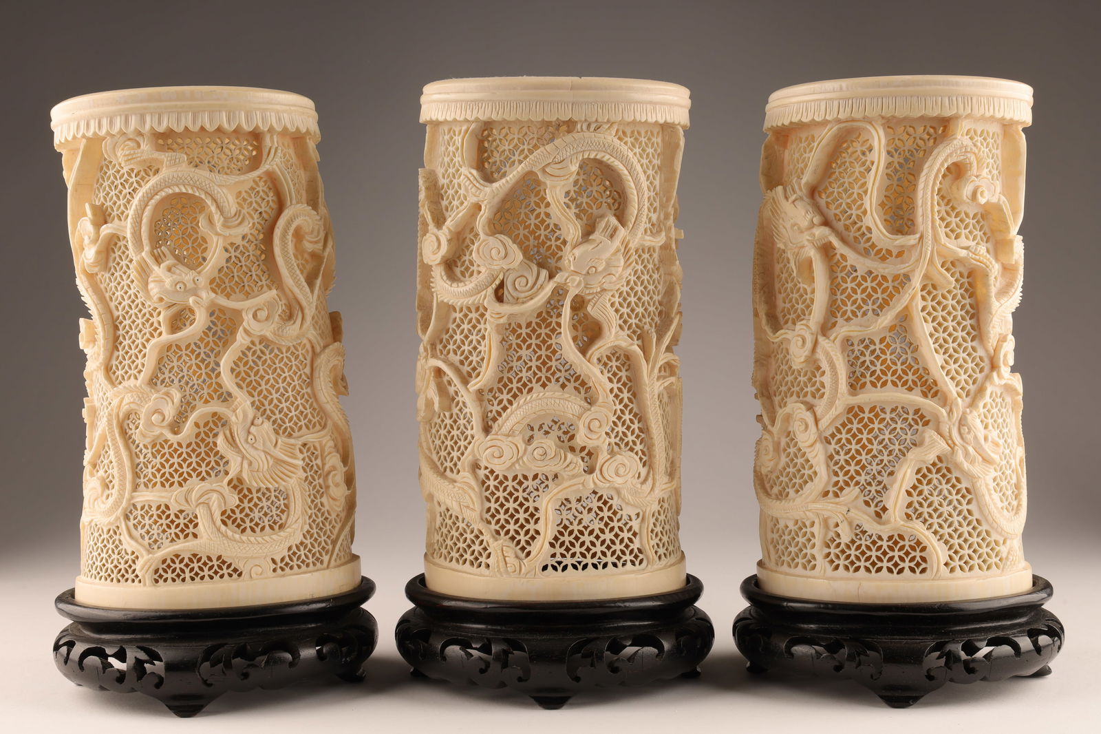 3 Antique Chinese Carved Reticulated Dragon Vases (1 of 10)