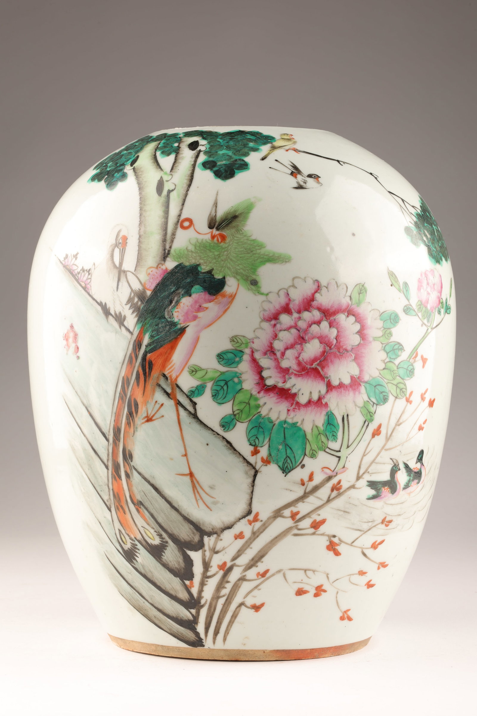 Antique Chinese Ginger Jar with Peony and Birds: Antique Chinese Ginger Jar with Peony and Birds. Missing lid, calligraphy on verso. 10 inches H x 7 diameter.