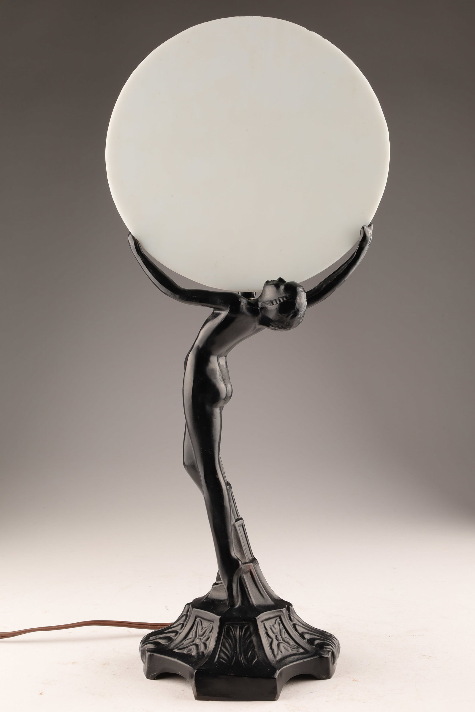Art Deco Frankart Style Nude Female Lamp: Art Deco Frankart Style Sarsaparilla Nude Female Lamp. Marked on painted black metal base, Made in Canada. 18 inches H x 8 W including glass.