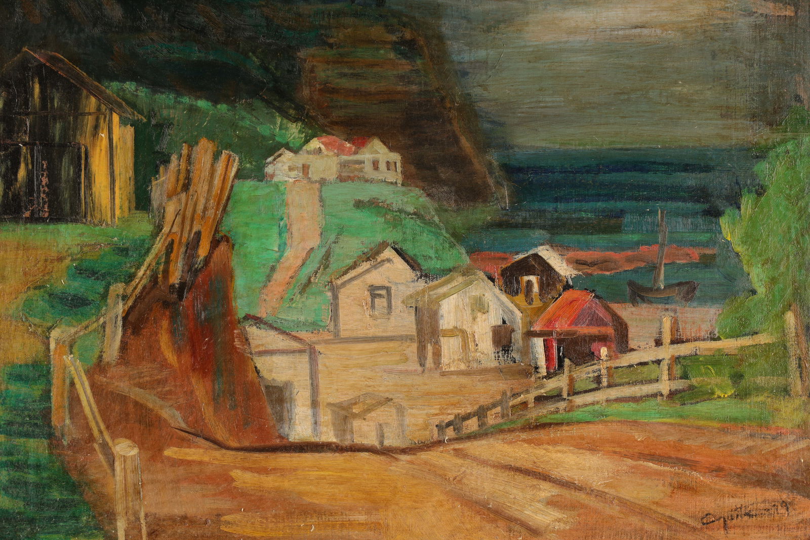 Leo Ayotte Oil Painting Gaspe Landscape Quebec: Leo Ayotte (Canadian, 1909-1976) Oil on Canvas Landscape of Ruisseau Arbour, Gaspe Quebec. Signed lower right, signed and titled on stretcher. Original Dominion Gallery labels on verso. Canvas measure
