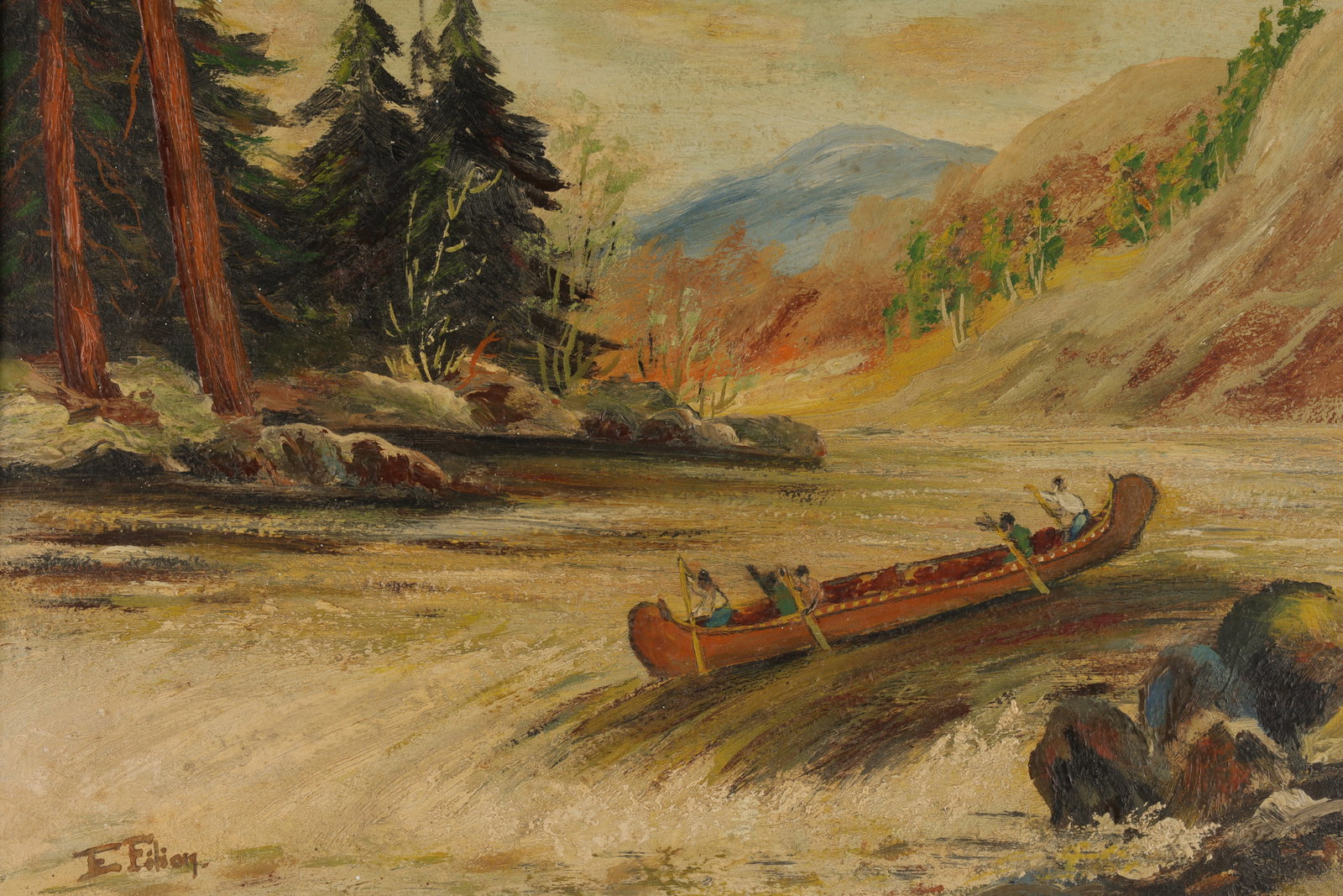 E. Filion Folk Art Canadiana Landscape Painting: E. Filion Folk Art Canadiana Landscape Painting On Board, Figures in a Canoe. Board measures 18 inches H x 20 W, frame measures 22 inches H x 25 W. Signed lower left corner.