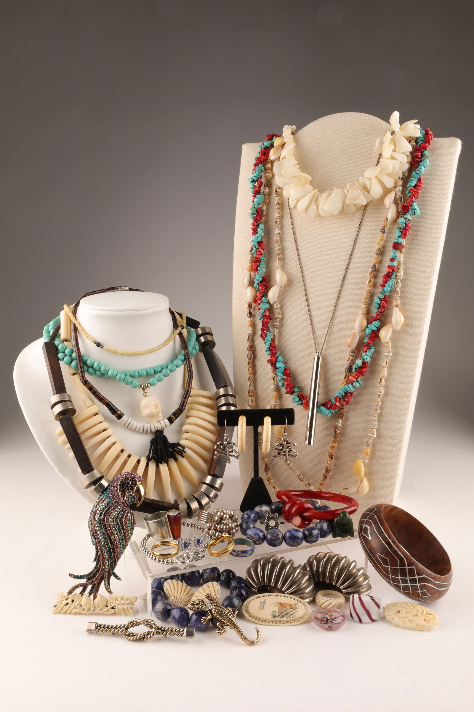Large Lot Vintage Tribal Costume Jewelry: Large Lot Vintage Tribal Costume Jewelry. Pins, brooches, necklaces, rings, shoe clips, bracelets. Wood, silver, bone, shell, coral, turquoise, rhinestones, etc..