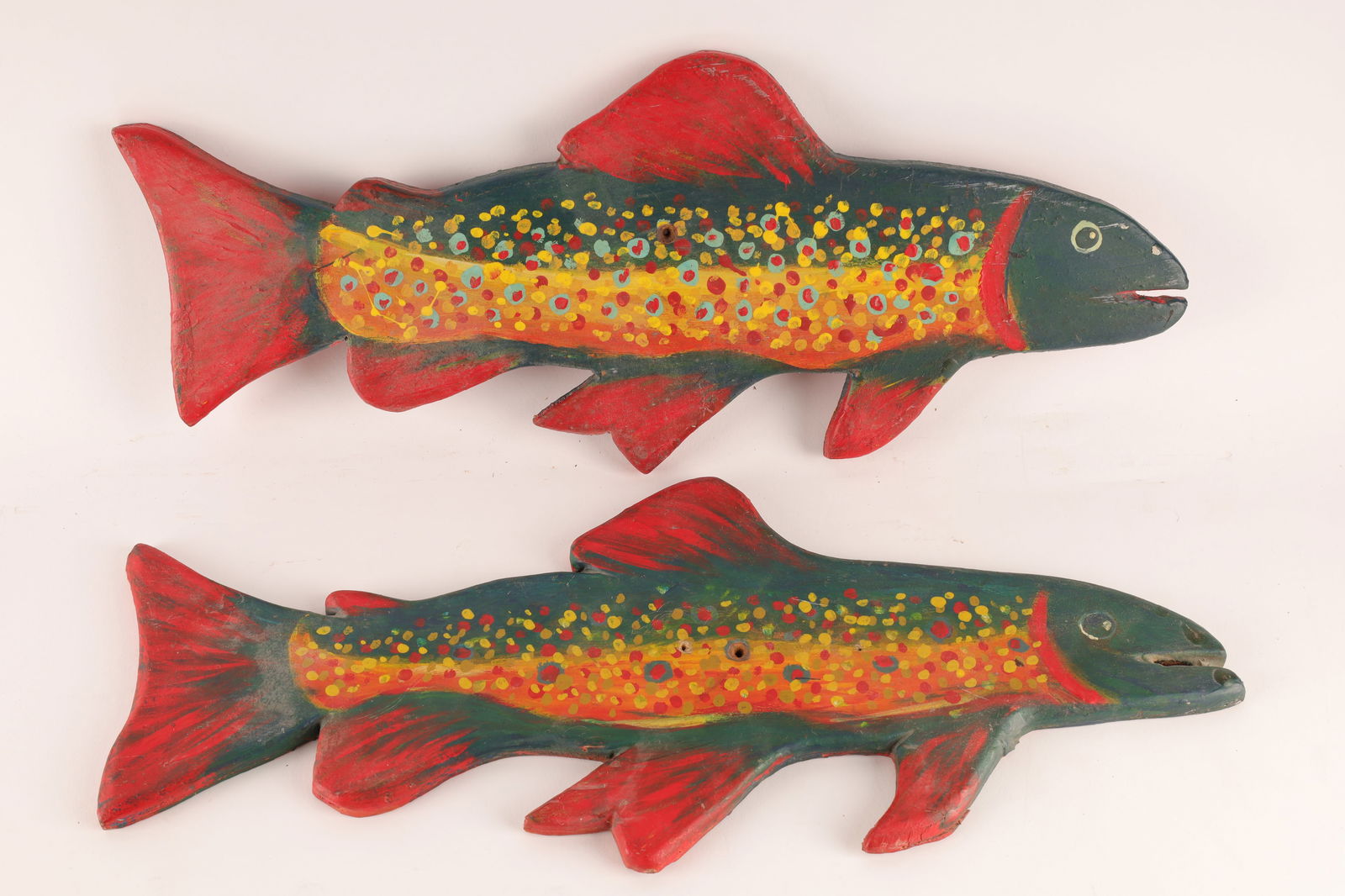 Pair Folk Art 1950s Hand Painted Wood Trout Fish (1 of 5)