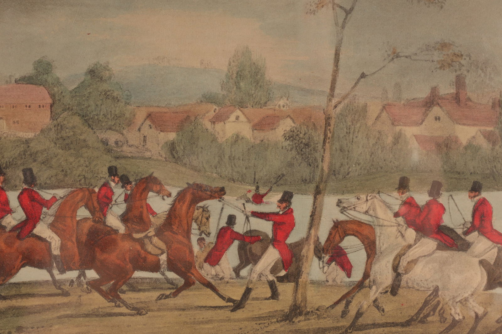 Henry Thomas Alken Hand Colored Hunt Scene Etching: Henry Thomas Alken (English, 1785-1851) Hand Coloured Etching Equestrian Hunt Scene. Mounted in matting, measures 13 x 16 inches.