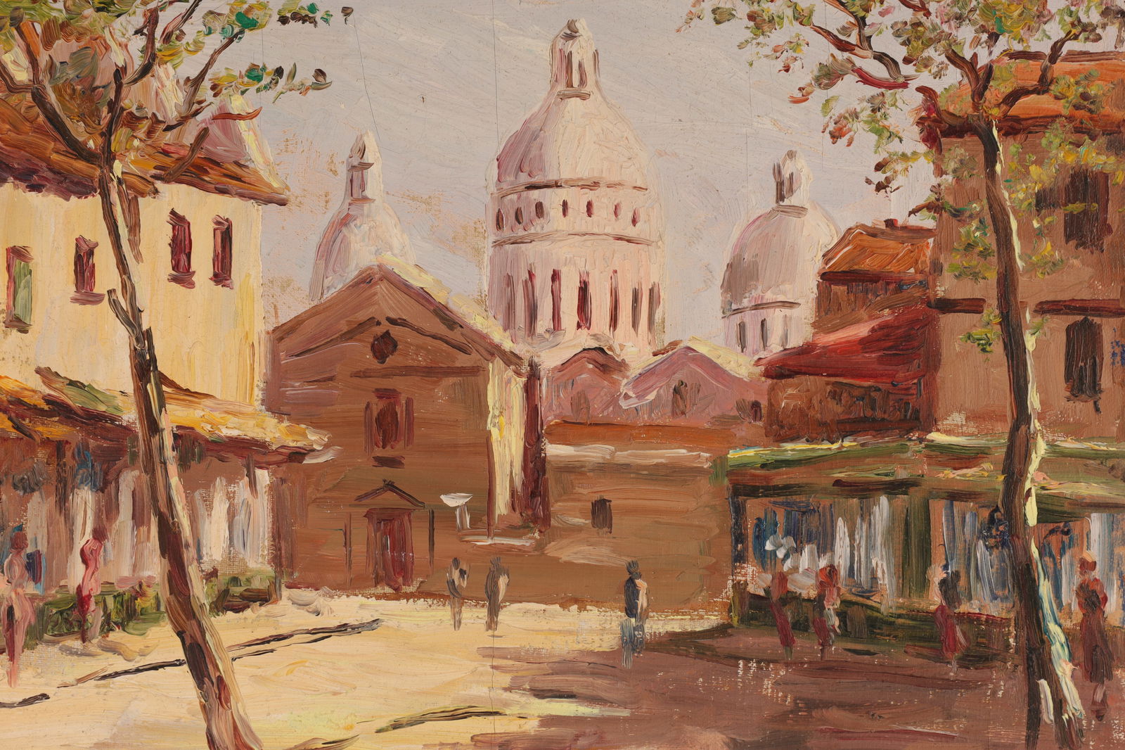 Mid Century Painting of Montmare France Signed: Mid Century Landscape Painting of Montmare France Signed Marone. Canvas over masonite. Masonite measures 8 x 12 inches, framed 13.5 x 17.75 inches.