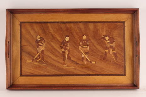 Rare 1920s Montreal Maroons Hockey Marquetry Tray: Rare 1920s Montreal Maroons Hockey Marquetry Tray Depicting Four Hockey Players in Position. 21.5 inches W x 13 H.