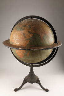 1920s USA Nystrom Terrestrial Globe Iron Base: 1920s American Nystrom 18 inches Terrestrial Globe Cast Iron Base, W. and A.K. Johnston Terrestrial Globe. With embossed graduated cast iron Meridian ring, wooden horizon ring depicting months and zod