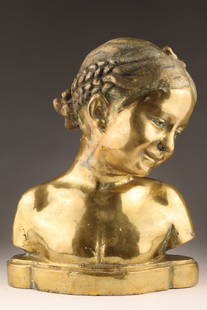 Large Antique Cast Brass Bust Young Child with Braids: Large Antique Cast Yellow Brass Bust Young Girl with Braids. Numbered on verso 365753. Very heavy. 13 inches H x 11 W x 6.5.