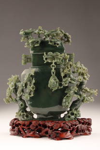 Antique Chinese Carved Spinach Jade Covered Urn: Antique Chinese Finely Carved Spinach Green Jade Covered Urn. Decorated with a gnarled pine tree and birds. Standing upon a carved base decorated with pine boughs. 7.5 inches H x 8 W, 9 inches H with