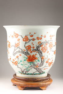 Large Antique Chinese Hand Painted Planter: Large Antique Chinese Hand Painted Porcelain Planter decorated with flowering branches. 15.5 inches diameter x 14 H, 17 H with wooden base.