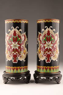 Pair of Chinese Cloisonne Brush Pot Cylinder Vases: Pair of Chinese Cloisonne Brush Pots / Cylinder Vases on Wood Stands. Vases measure 8 inches H x 4 diameter, 9.75 inches H including stands.