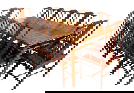 Large Chinese Hardwood Carved Dining Table, Chairs: Large Chinese Hardwood Carved Dining Table with Removable Leaf and 12 Chairs. 2 armchairs measure 22 inches W x 19 deep x 42 H, seat height 17 inches.10 side chairs measure 18 inches W x 19 deep x 42