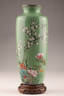 Vintage Japanese Ando Silver Wire Cloisonne Vase: Vintage Japanese Ando Silver Wire Cloisonne Vase with a flowering plum tree and birds on a dark green ground. Unsigned. Faint hairline to side of vase. Vase measures 9.75 inches H x 4 diameter, 10.5 i