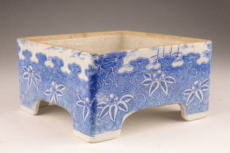 Japanese Blue and White Porcelain Bonsai Planter: Japanese Blue and White Porcelain Bonsai Planter. Professionally restored in one corner. 3 inches H x 5.5 x 5.5.