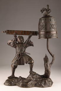 Meiji Period Japanese Figural Bronze Service Bell: Antique Meiji Period Japanese Figural Bronze Service / Dinner Bell. Standing figure holding a gong next to a tall decorative bell topped with a dragon. 19 inches H x 13 W x 6 deep.
