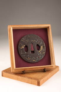 Japanese Momoyama Katana Tsuba Signed Masatsugu: Japanese Momoyama period tsuba of katana signed by Osaka ju Masatsugu, metal carving master from that period. The tsuba is all inlaid with gold, silver and red copper and represents Chinese landscape